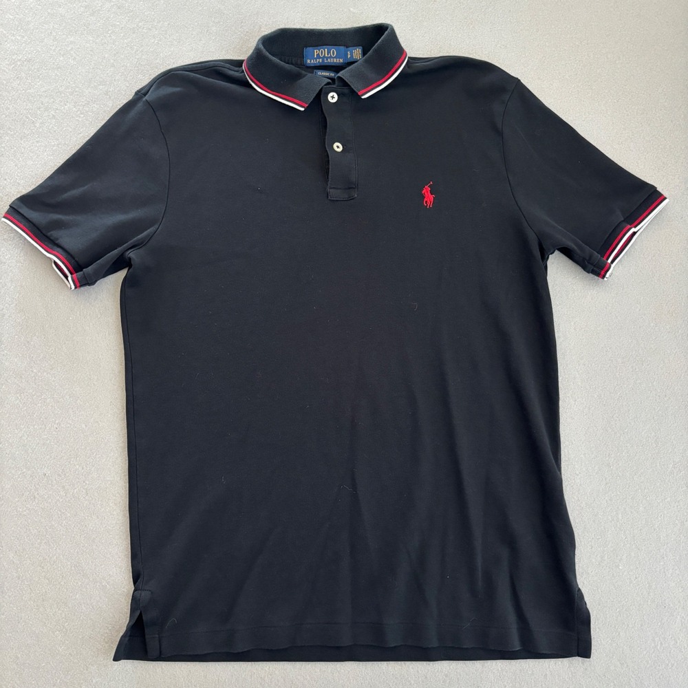 Polo Ralph Lauren Mens Classic Fit Black Polo Shirt Red Tipped Trim Small